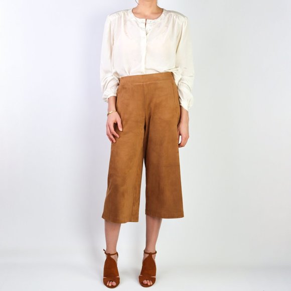 Cropped Vegan Suede Wide Leg Pants 29 Boho Cruelty-Free High Rise Relaxed Fit - Picture 1 of 6